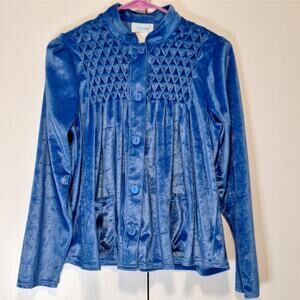 National Vintage Royal Blue Smocked Bed Jacket Button Down w Pockets